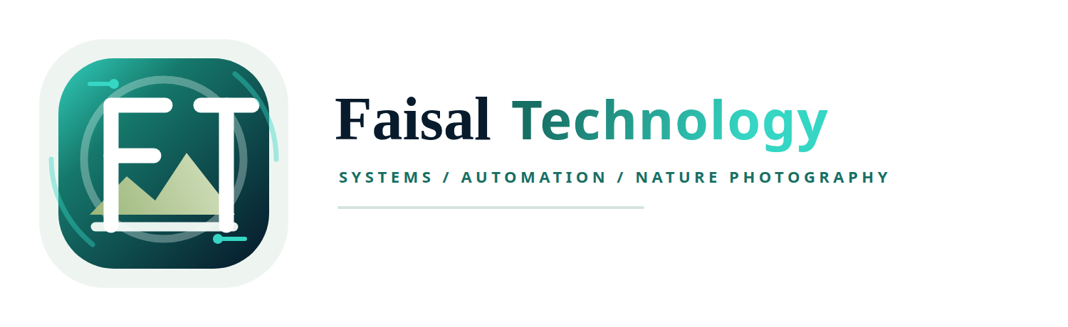 Faisal Technology logo with FT lens emblem, technology lines, and nature horizon